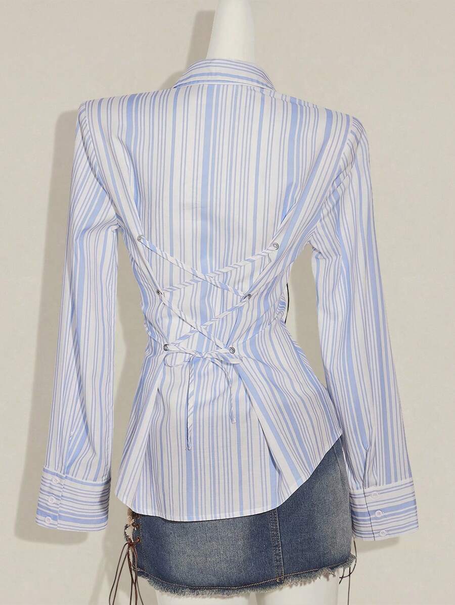 SHEIN ICON Women's Striped Shirt, Vintage Sexy Backstrap Cinched Waist Office Mermaid Style, Avant-Garde - Multicolor - View 1