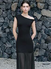 Chiquease Halloween Women's Elegant Cold-Shoulder Asymmetric Neck Chiffon Patchwork Sheer Hem Cinched Waist Dress