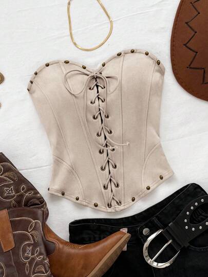 Soleia توب قصير مزين بالدانتيل والجلد المخمل، مناسب للعطلات والمواعيد وحفلات الشاي بعد الظهر والعطلات والمهرجانات الموسيقية والأسلوب البوهيمي والشاطئ، توب كورسيه مربوط بالأربطة على الطراز الغربي