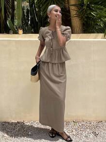 Livesso 2pcs/Set Women Summer Solid Color Front Tie Ruffle Hem Top And Skirt Set