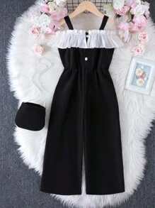 SHEIN Elladie kids Young Girl One-Piece Pearl Lace Trim Bowknot Camisole Jumpsuit With Matching Stylish Crossbody Bag, Fashionable & Sweet Girls Black Jumpsuit Girls Jumpsuit Girls Romper Kids Jumpsuit Teen Jumpsuit Summer Holiday - Black - View 2