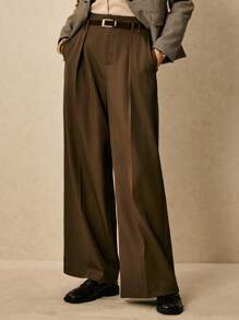 Poéselle 女士简约办公室 OL 纯色宽松百褶口袋休闲裤 - 深灰色 - 查看 5