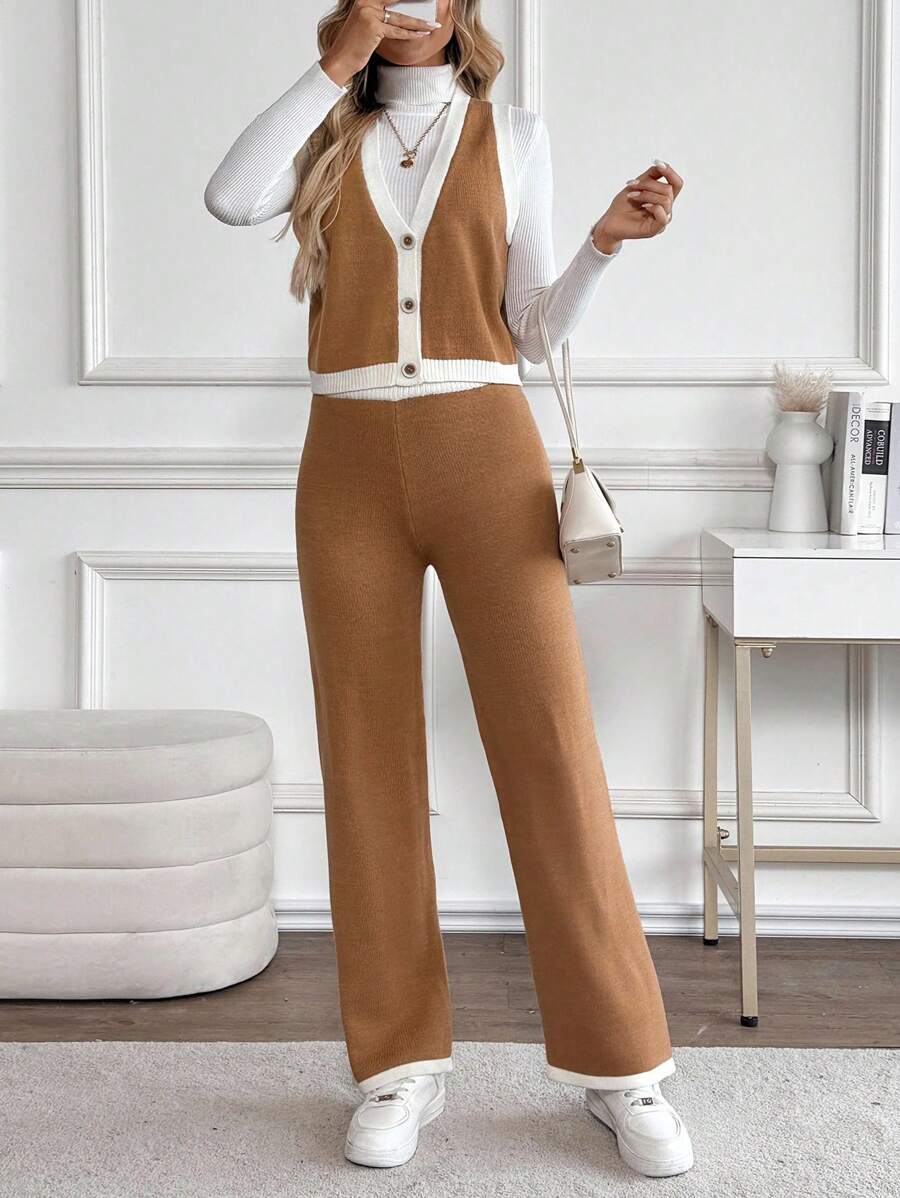SHEIN LUNE Women's Casual Brown And White Contrast Color V-Neck Button Down Top And Long Pants Knit Set,Autumn 2 Pieces Set Outfits For Women,Casual,Occasion - Brown - View 1