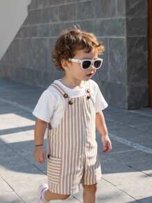 SHEIN Newborn Baby Boy Cute Summer Casual Versatile Striped Romper Overalls