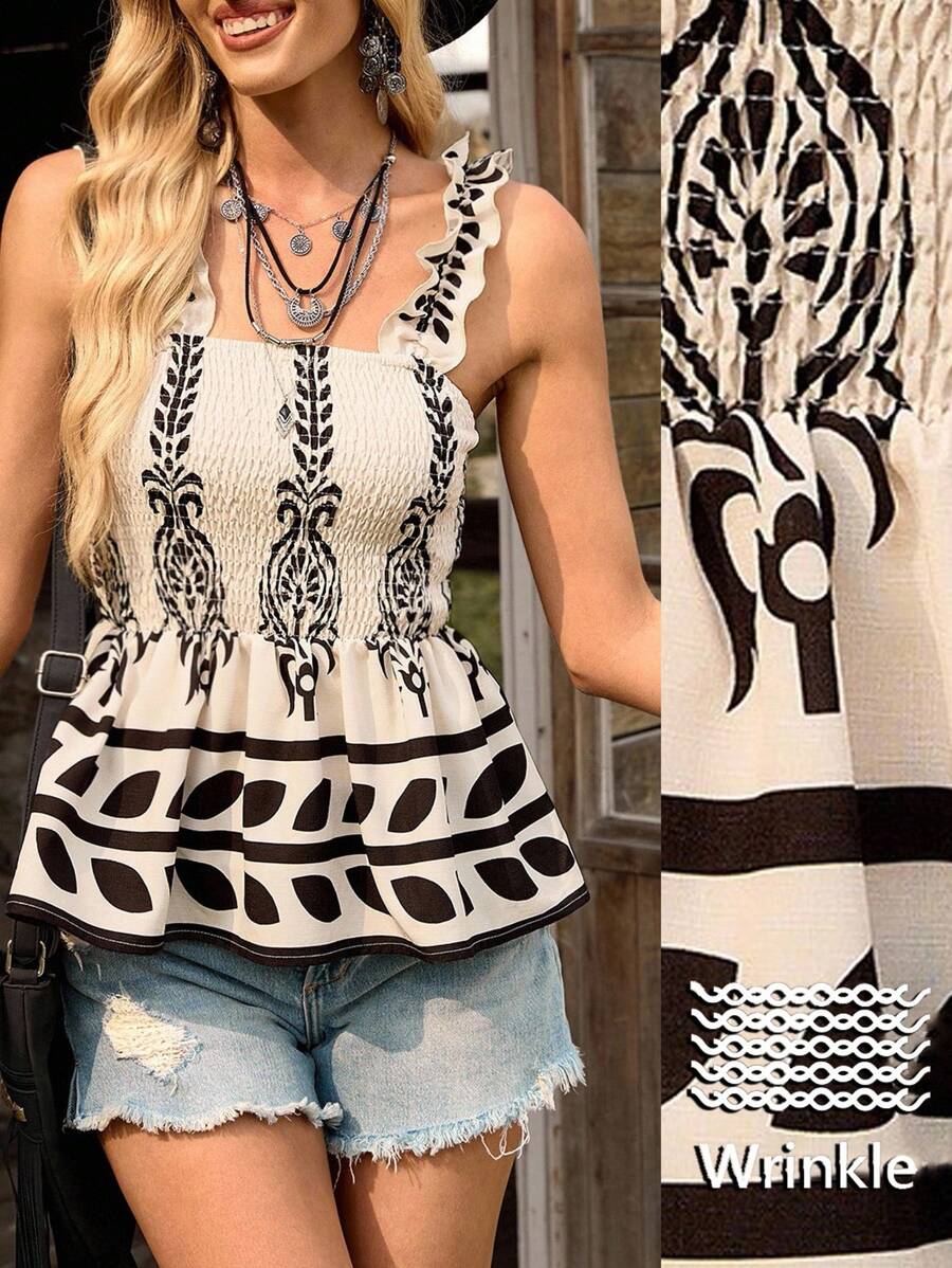 LanaWest Áo ba lỗ họa tiết boho màu be giản dị dành cho nữ, có họa tiết hoa đen phía trước, thiết kế xếp ly, viền bèo nhún, mùa xuân/hè - Màu be - Xem 1