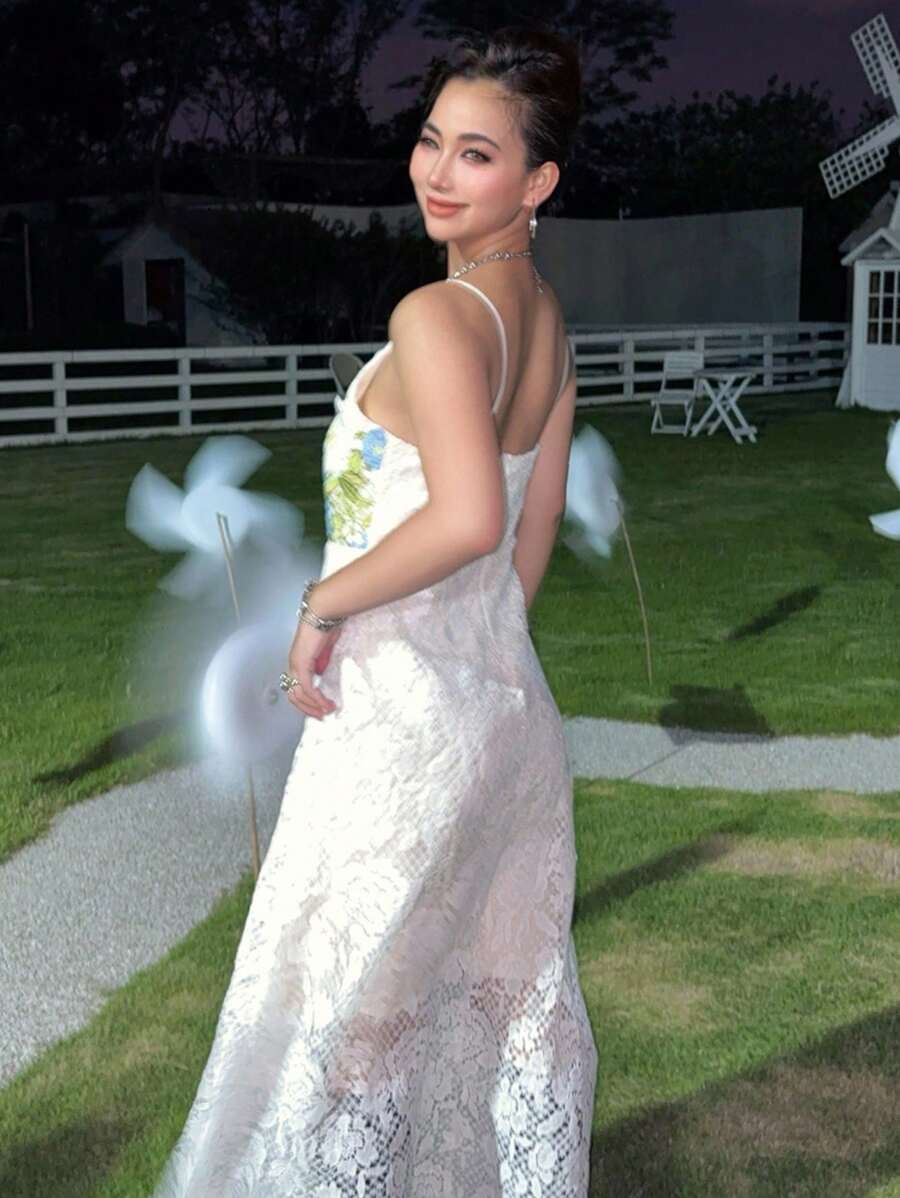 DAZY 女士度假花卉蕾丝长裙婚纱女士连衣裙超长连衣裙邮轮套装女士鸡尾酒礼服 - 白色 - 查看 1