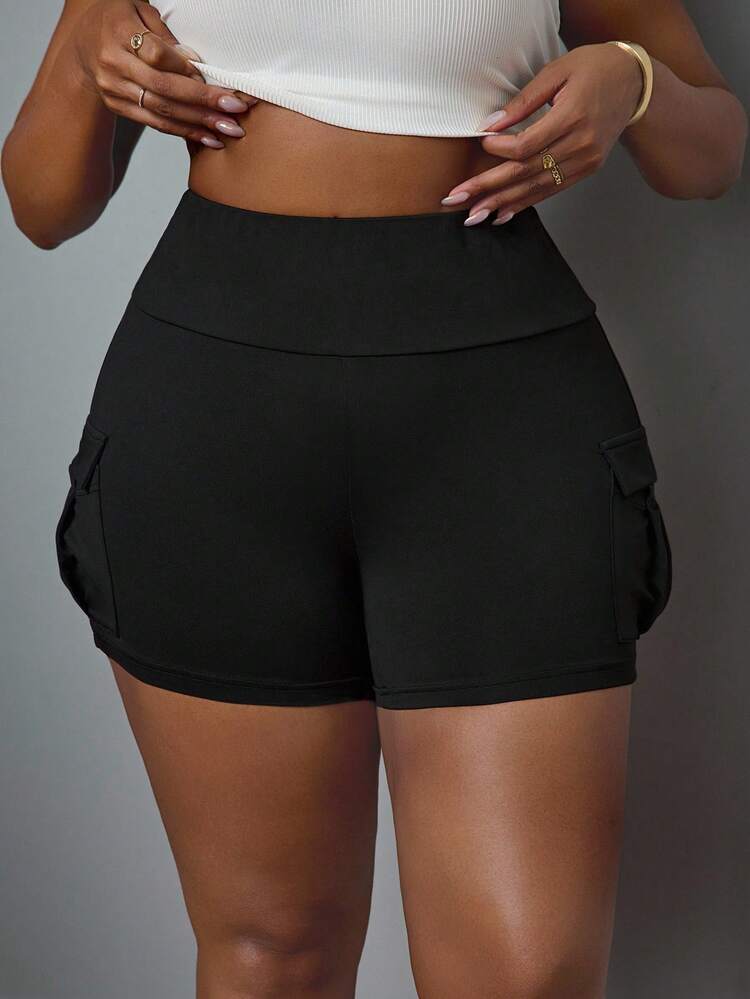 SHEIN PETITE CURVE 大码女式夏季休闲运动口袋骑行短裤，夏季女装，女式下装，紧身裤，骑行短裤，黑色裤子，运动裤，黑色短裤，加大短裤 - 黑色 - 查看 7