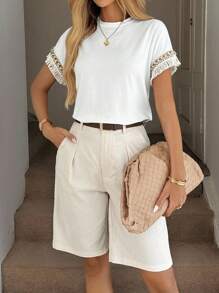 Easowa Áo thun cổ tròn tua rua thường ngày cho nữ, thời trang cơ bản hàng ngày cho mùa xuân/hè - trắng - Xem 3