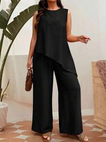 DreamSkyne Ensemble décontracté 2 pièces femme grande taille, top sans manches à ourlet asymétrique unicolore et pantalon - Noir - Voir 1