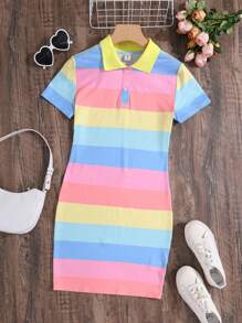 SHEIN 少女針織彩色條紋休閒短袖連衣裙