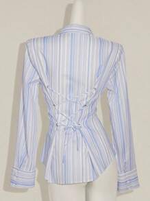 SHEIN ICON Women's Striped Shirt, Vintage Sexy Backstrap Cinched Waist Office Mermaid Style, Avant-Garde - Multicolor - View 10