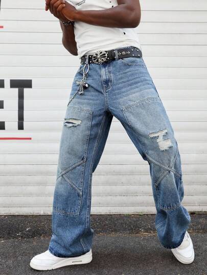 Street Life Men's Street Patchwork Ripped Straight Leg Baggy Jeans, Belt Not Included