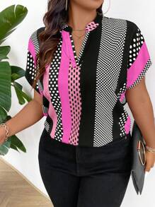 Plus Size Color-Block Short Sleeve Shirt With Random Print Design And Notched Collar For New Year Clothes Disco Plus Size Polka Dot - Pink - View 5