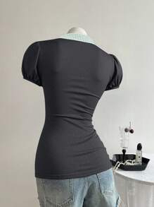 Elamini Vintage Sexy Plaid Patchwork Turndown Collar Short Sleeve Tight Fit T-Shirt, Summer - Dark Grey - View 2