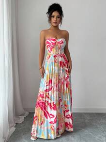 Elenzga Women's Elegant Romantic Printed Jumpsuit With Bandeau Top, Waist Cinched And Wide Leg