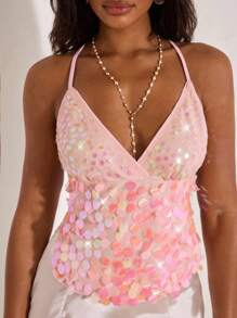 Opulessa Áo cổ yếm dệt kim sa trơn màu cho tiệc sinh nhật bãi biển mùa hè dành cho nữ, mùa thu, thời trang đường phố Y2k, hòa nhạc đồng quê, văn phòng, đi chơi đêm, đêm hẹn hò, áo kim sa màu hồng sân bay - Hồng - Xem 3