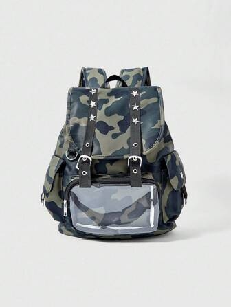 Anime Y2K Punk Metall Stern Nieten Mode Großraum Klappe Frauen Rucksack, minimalistischer Camouflage & Leopard Muster Transparent Schicht Lässig Rucksack, Tragetasche für Puppen als Outdoor Verwendung
