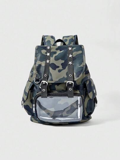 Anime Y2K Punk Metall Stern Nieten Mode Großraum Klappe Frauen Rucksack Minimalistisch Camouflage & Leopard Muster Transparente Schicht Lässig Rucksack Puppen Tragegriff Tasche für den Outdoor-Gebrauch