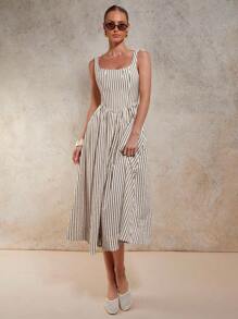 COSMINA 女式条纹印花无袖中长连衣裙 - 杏色 - 查看 1