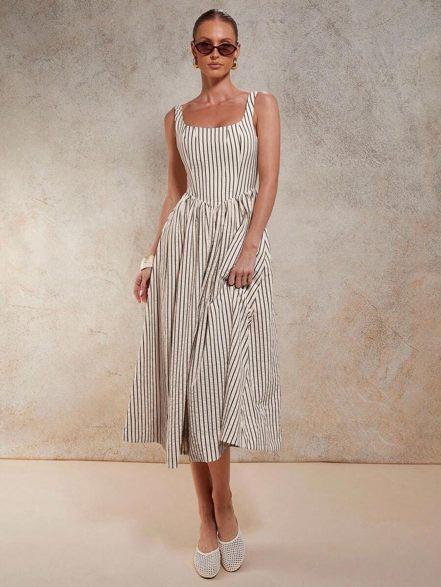 COSMINA 女式条纹印花无袖中长连衣裙 - 杏色 - 查看 1