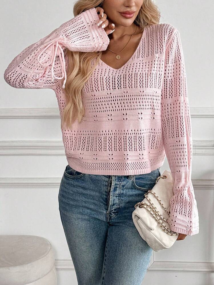 Women's Casual Solid Color V-Neck Dropped Shoulder Loose Pointelle Knit Sweater Pink Sweater Pink Long Sleeve Top Crop Top Sweater Summer Sweater Women Summer Top