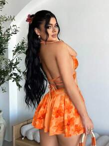 SHEIN SXY 2件套女士吊带比基尼上衣和迷你裙套装 - 橘色 - 查看 2