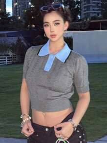DAZY 女式拼布撞色半开襟短款针织上衣，夏季 - 灰色 - 查看 6