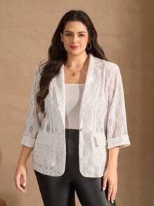 SHEIN Clasi Blazer blanc en dentelle pour femmes de grande taille, style printemps/été, col cranté élégant, patchwork de dentelle et sequins. Blazer en dentelle blanc pour retour à l'école, homecoming, tenue de bureau décontractée, femmes rondes, country, concert country, old money. Blazer en dentelle blanc pour femmes, tenue de bureau décontractée, femmes rondes, gothique