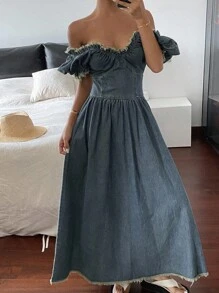 Livesso 西部牛仔复古水洗破洞泡泡袖收腰 A 字长款休闲连衣裙，夏季女士牛仔连衣裙 - 藍色 - 查看 4