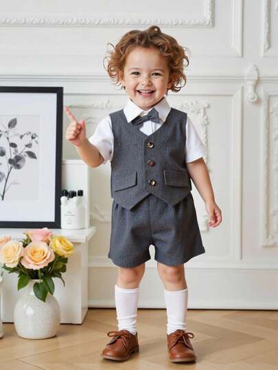 Souflis Souflis 寶寶男童夏季紳士裝套裝,包括短袖衫、背心、吊帶短褲3件套
