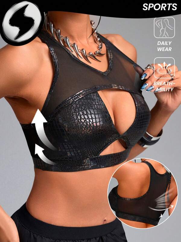 Innovista Sutien sport pentru femei sport, cu imprimeu folie Lux, top din piele ecologică și burete metalic strălucitor, model animal, abstract, din plasă respirabilă, decupat și elastic, ținute antrenament, marmorat, tie-dye, șarpe, imprimeu leopard, trening elegant și îndrăzneț, festivaluri de muzică, petrecere, dans, sport, yoga, saltea, pilates, alergare, cardio, ieșiri în oraș, sport, forță, greutăți, Y2K, maro, negru, auriu, echipament primăvară-vară, bikini, costum de baie, WAG, cadou de Ziua Mamei.