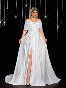 Glamrae Plus Size Elegant Romantic All White Strapless Big Bow Decoration Luxury Wedding Dress Satin Big A-Line Long Tail Embroidery Bridal Wedding Dress Off Shoulder