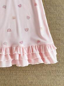 Girls Casual Rainbow Print Puff Sleeve Polo Collar Ruffled Hem Short Sleeve Dress  Back To School Girls Clothes Girls Summer Outfits Back Tp School Clothes School Clothes School Supplies School Bags  Girls Polo Dress Back To School School Clothes - Pink - View 6