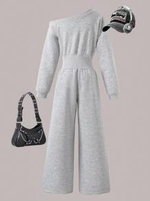 Teen Girl Loose Asymmetrical Neckline Waisted Jumpsuit, Casual European And American Fashion Korean Style, Suitable For Spring And Autumn