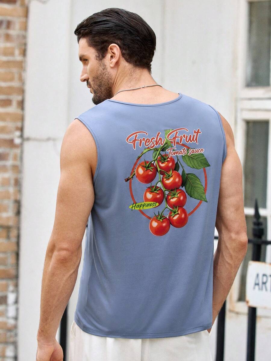 Manfinity VCAY Men's Casual Tomato Print Bodyfit Tank Top,Smog Blue Fruit Graphic Tees,Sleeveless Muscle Shirt,Aqua Blue,Summer,Streetwear,Vacation - Multicolor - View 1
