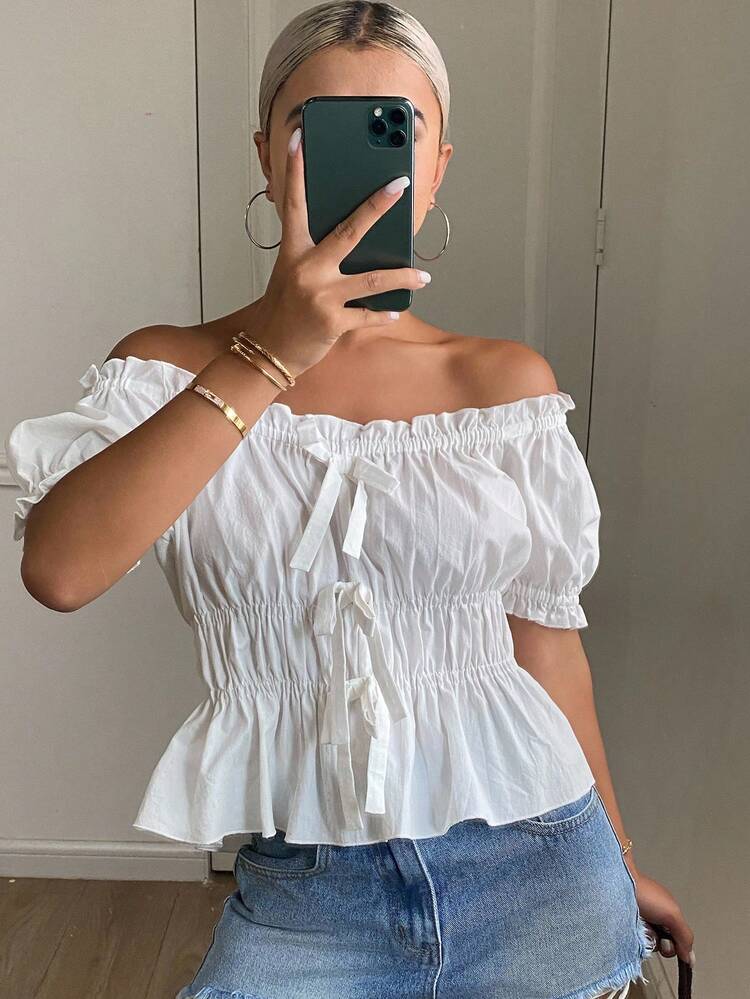 New Autumn Back To School White Off Shoulder Short Sleeve Blouse For Women,Babydoll Top
