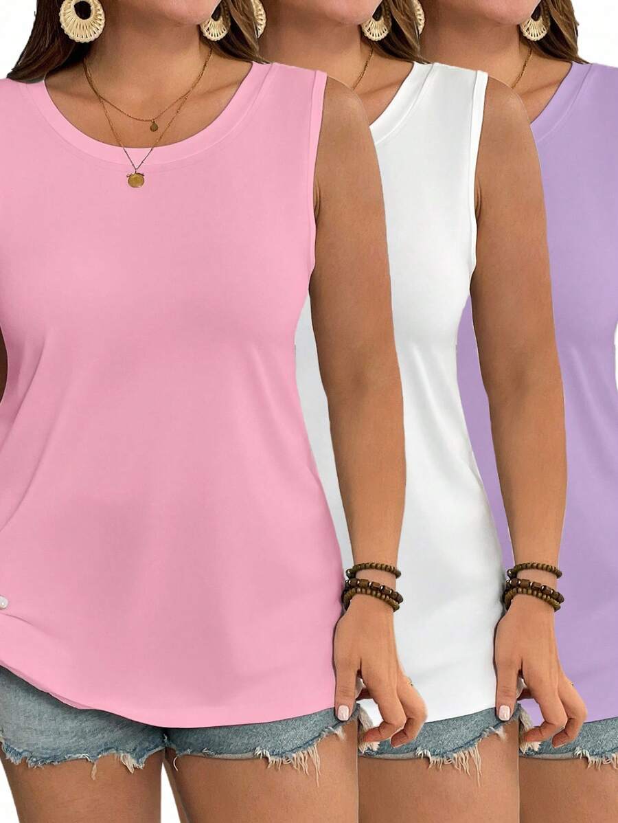 EMERY ROSE Conjunto de 3 piezas para mujer talla grande con parte superior sin mangas de cuello redondo de unicolor - Multicolor - Ver 1