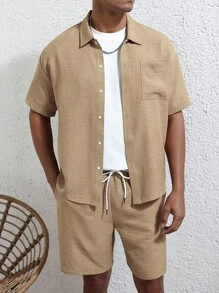 Manfinity Homme 男士纯色短袖单排扣衬衫和短裤套装 - 杏色 - 查看 6