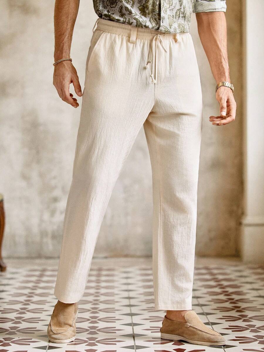 Mainfolk Men's Linen Beach Trousers,Autumn Casual Vacation Holiday Beige,Lightweight Drawstring Yoga Pants,Loose Fit Crinkle Fabric Elastic Waist Bottoms - Apricot - View 1