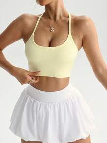 Dewbera 1 pieza Sujetador deportivo regular, diseño acanalado y que absorbe la humedad, sujetador de yoga sin costuras color amarillo claro básico - Butter Yellow - Ver 5