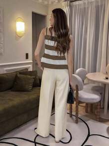 Chiquease 法式休闲修身吊带无袖羊毛条纹排扣黑白女装春夏针织上衣女装外出装 - 棕色 - 查看 2