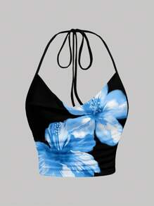 SHEIN EZwear Casual Minimalist Floral Print Halter Tie Front Crop Top, Versatile For Summer Floral Crop Top Suitable For Going Out - Multicolor - View 5
