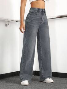 SHEIN Jeans casuales de ajuste holgado para mujer con bolsillos laterales y diseño de pierna ancha