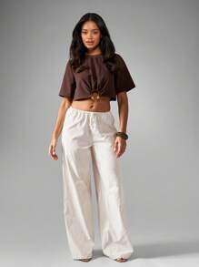 MISSGUIDED 竖条纹阔腿抽绳阔腿裤，松紧腰带，休闲家居服，亚麻质感，夏季度假沙滩办公裤，圣诞节 - 酒紅色 - 查看 3