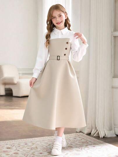 Vestido de manga larga elegante para niña preadolescente con cuello de camisa, diseño 2 en 1, perfecto para uso casual y de commuting en primavera, otoño y invierno