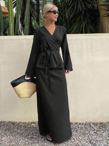 Livesso Women's Lace-Up Waist Top And Fish Tail Skirt 2pcs Set, Summer - Black - View 4