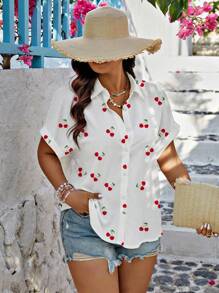 Calvaya Áo sơ mi tay ngắn in họa tiết quả anh đào cỡ lớn, Áo sơ mi nữ, Mùa hè - Nhiều màu - Xem 4