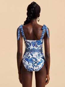 Travachic Casual Blue Botanical Print One-Piece Swimsuit With Knot-Tied Straps For Women Floral One Piece Swimsuit Tie Shoulder One Piece Swimsuit Blue And White One Piece Swimsuit Modest One Piece Swimsuit Takini Swimsuit - Blue and White - View 2