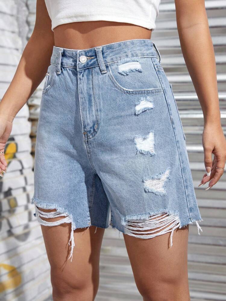 SHEIN ICON 女式高腰磨边夏季休闲牛仔短裤 - 淺色水洗藍 - 查看 4