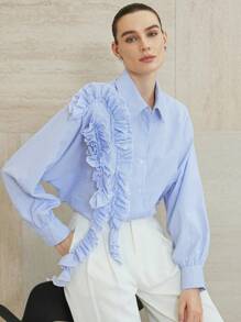 Aveloria Modichic Damen elegante gestreifte Bluse mit Blume Muster und Farbblöcken, weite Laternenärmel für Frühling und Herbst - Verschiedenfarbig - Übersicht 6